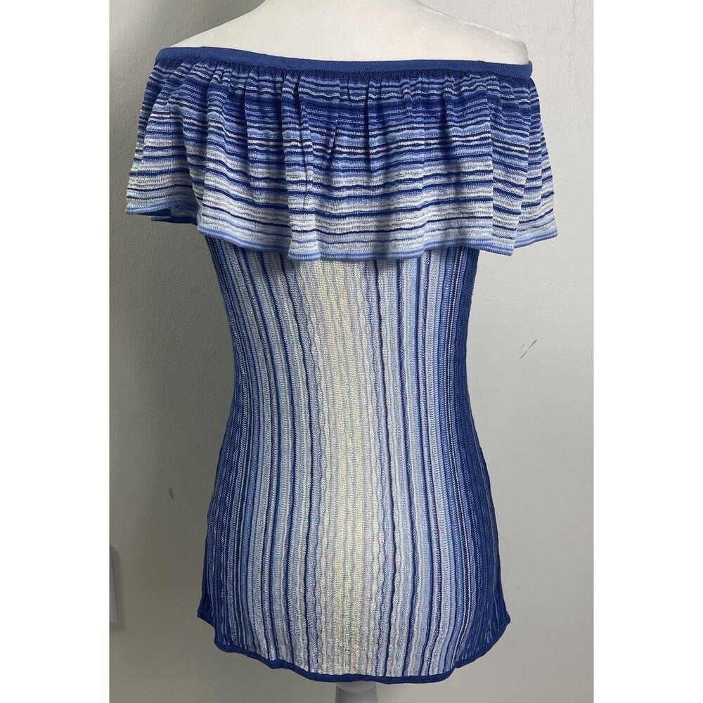 Womens Fitted Y2K Off Shoulder Ruffled Top Shiny Blue Stripes 90s Fairycore XS
